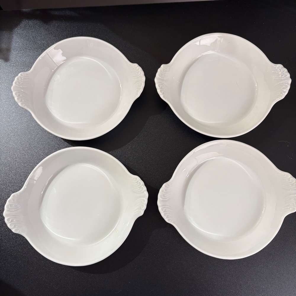 Apilco France White Porcelain Au Gratin Dishes Set of 4 Scalloped Shell Handles